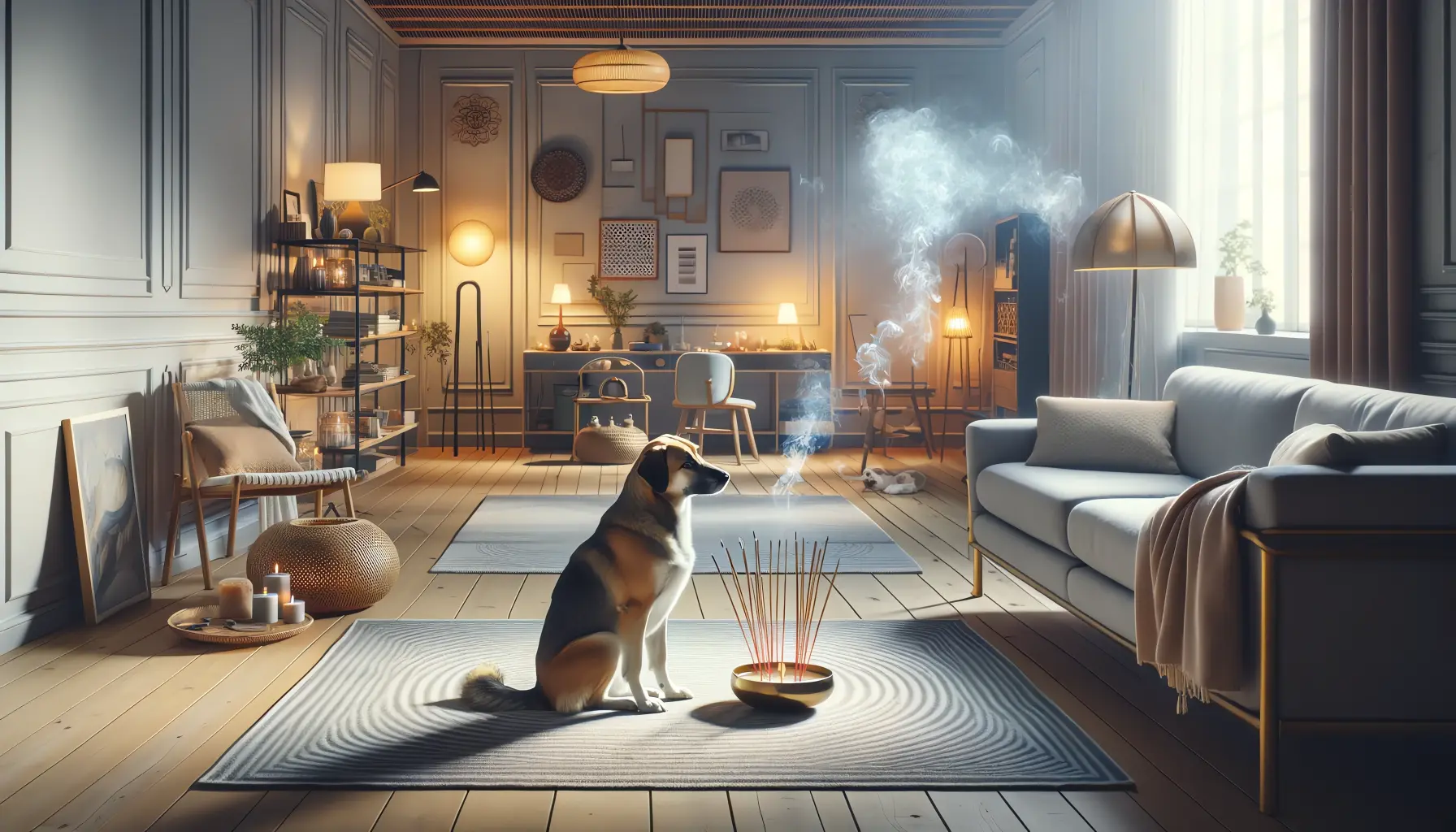 A dog sitting peacefully in a room with incense burning, reflecting the article's focus on canine health and incense safety